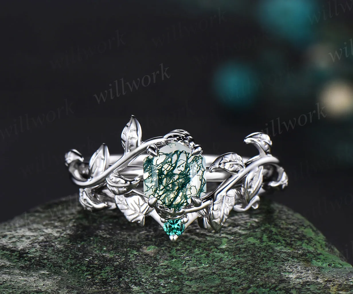Hexagon cut green moss agate engagement ring set white gold vintage emerald leaf branch bridal set women sold by Willwork Jewelry