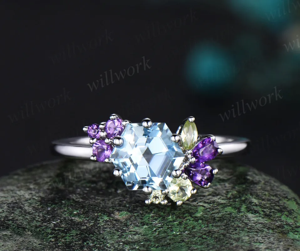 Hexagon cut aquamarine engagement ring white gold 6 prong cluster peridot amethyst Multi-Stone Ring women jewelry sold by Willwork Jewelry