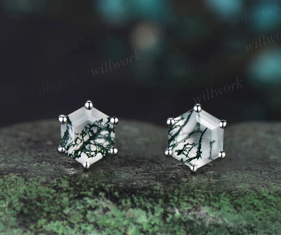 Hexagon cut green moss agate stud earrings 14k white gold Solitaire Minimalist 6 prong earrings anniversary gift for women sold by Willwork Jewelry