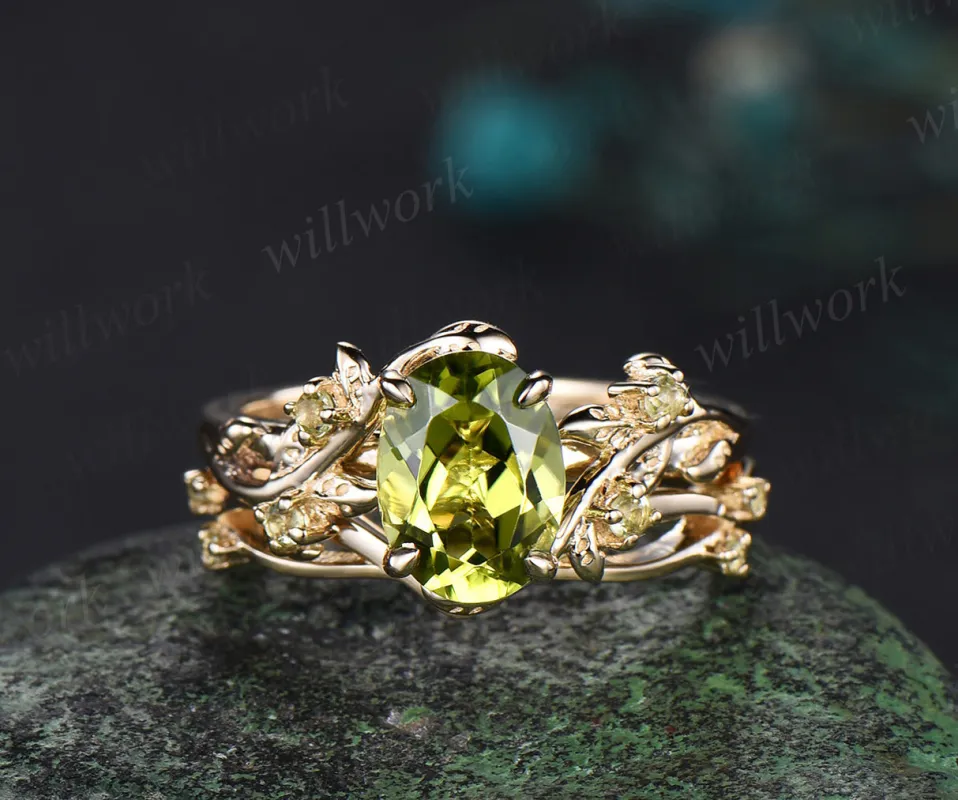 Oval cut peridot engagement ring yellow gold twig leaf art deco Crystal August birthstone anniversary ring women gift sold by Willwork Jewelry