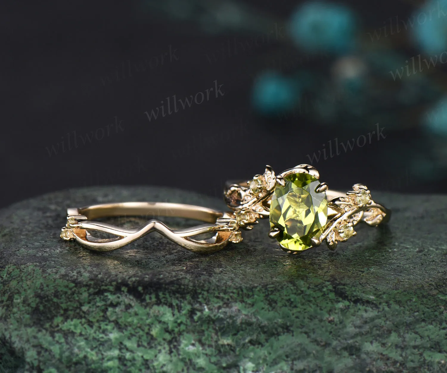 Oval cut peridot engagement ring yellow gold twig leaf art deco Crystal August birthstone anniversary ring women gift sold by Willwork Jewelry product image thumbnail 2