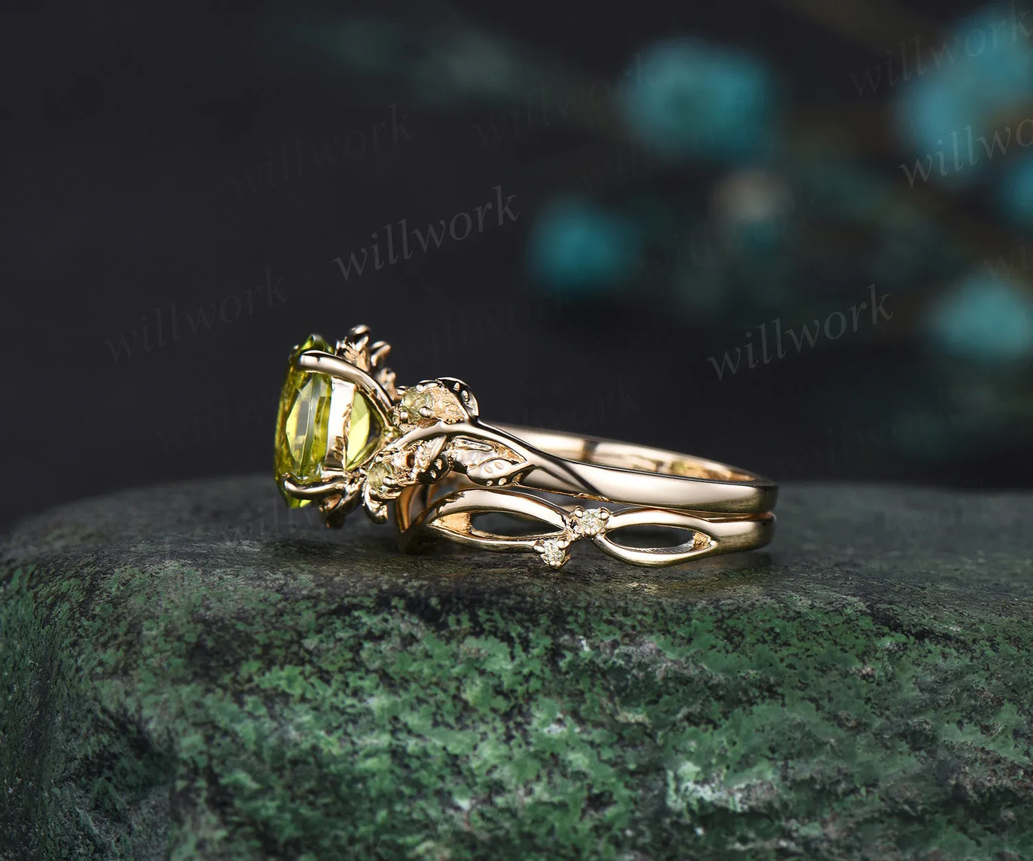 Oval cut peridot engagement ring yellow gold twig leaf art deco Crystal August birthstone anniversary ring women gift sold by Willwork Jewelry product image thumbnail 5