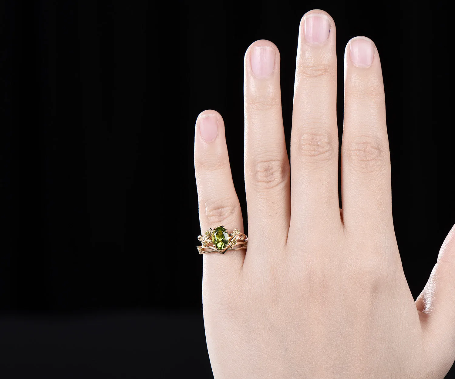 Oval cut peridot engagement ring yellow gold twig leaf art deco Crystal August birthstone anniversary ring women gift sold by Willwork Jewelry product image thumbnail 3