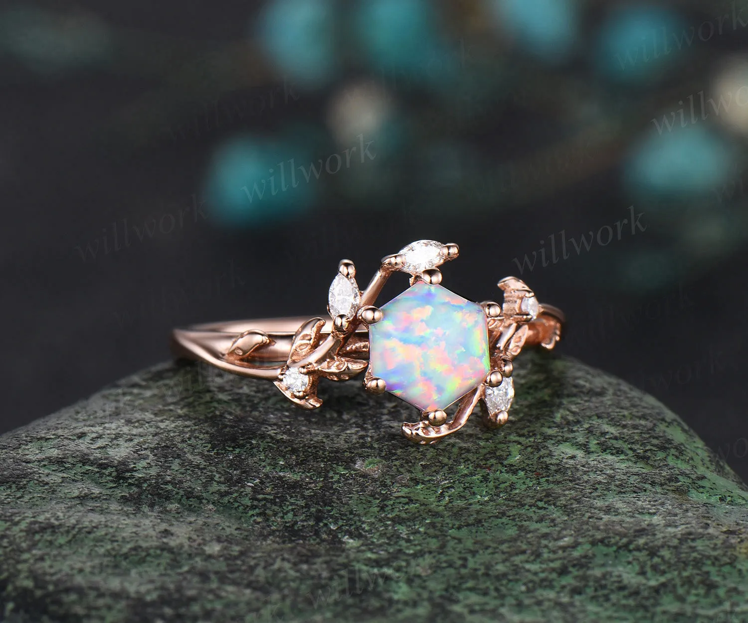 Hexagon white opal engagement ring rose gold leaf twisted leaf marquise diamond ring women antique anniversary ring gift sold by Willwork Jewelry product image thumbnail 3