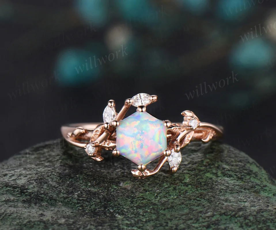 Hexagon white opal engagement ring rose gold leaf twisted leaf marquise diamond ring women antique anniversary ring gift sold by Willwork Jewelry