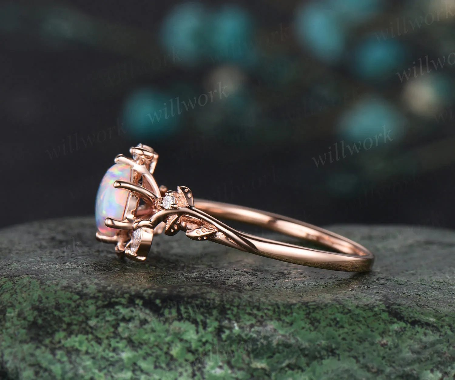 Hexagon white opal engagement ring rose gold leaf twisted leaf marquise diamond ring women antique anniversary ring gift sold by Willwork Jewelry product image thumbnail 4