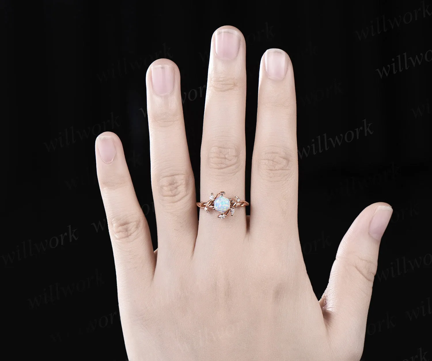 Hexagon white opal engagement ring rose gold leaf twisted leaf marquise diamond ring women antique anniversary ring gift sold by Willwork Jewelry product image thumbnail 2