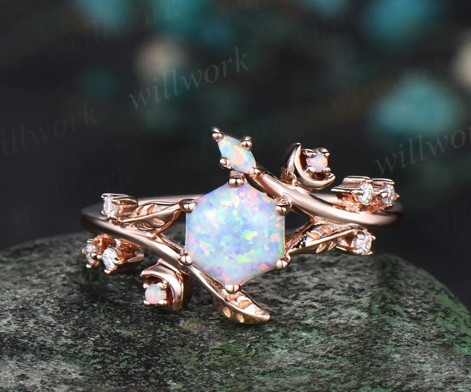 Hexagon white opal engagement ring rose gold twisted leaf moon diamond ring vintage October birthstone anniversary ring women sold by Willwork Jewelry
