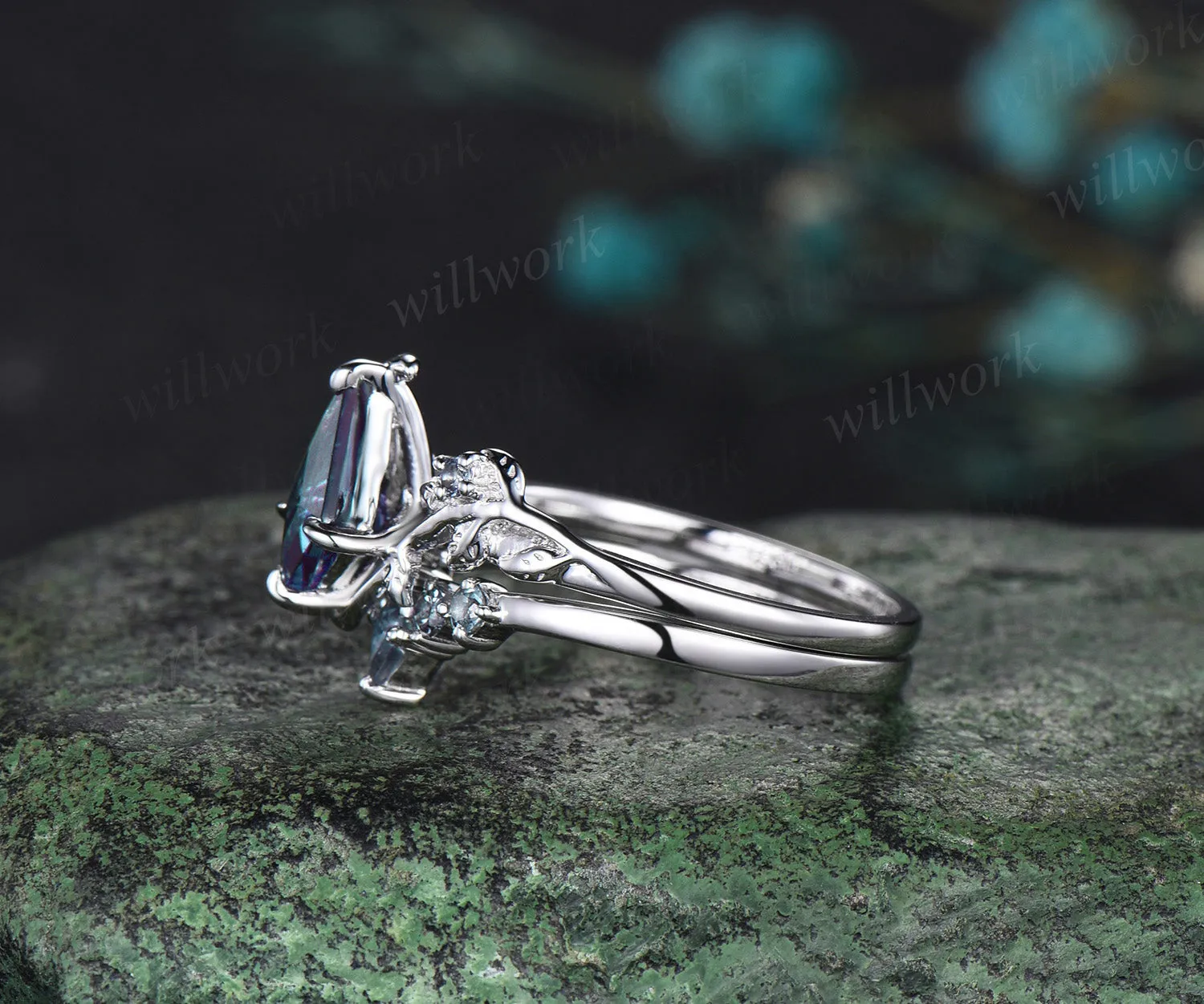 Kite cut alexandrite engagement ring set solid 14k white gold vintage leaf three stone unique wedding ring set women sold by Willwork Jewelry product image thumbnail 5