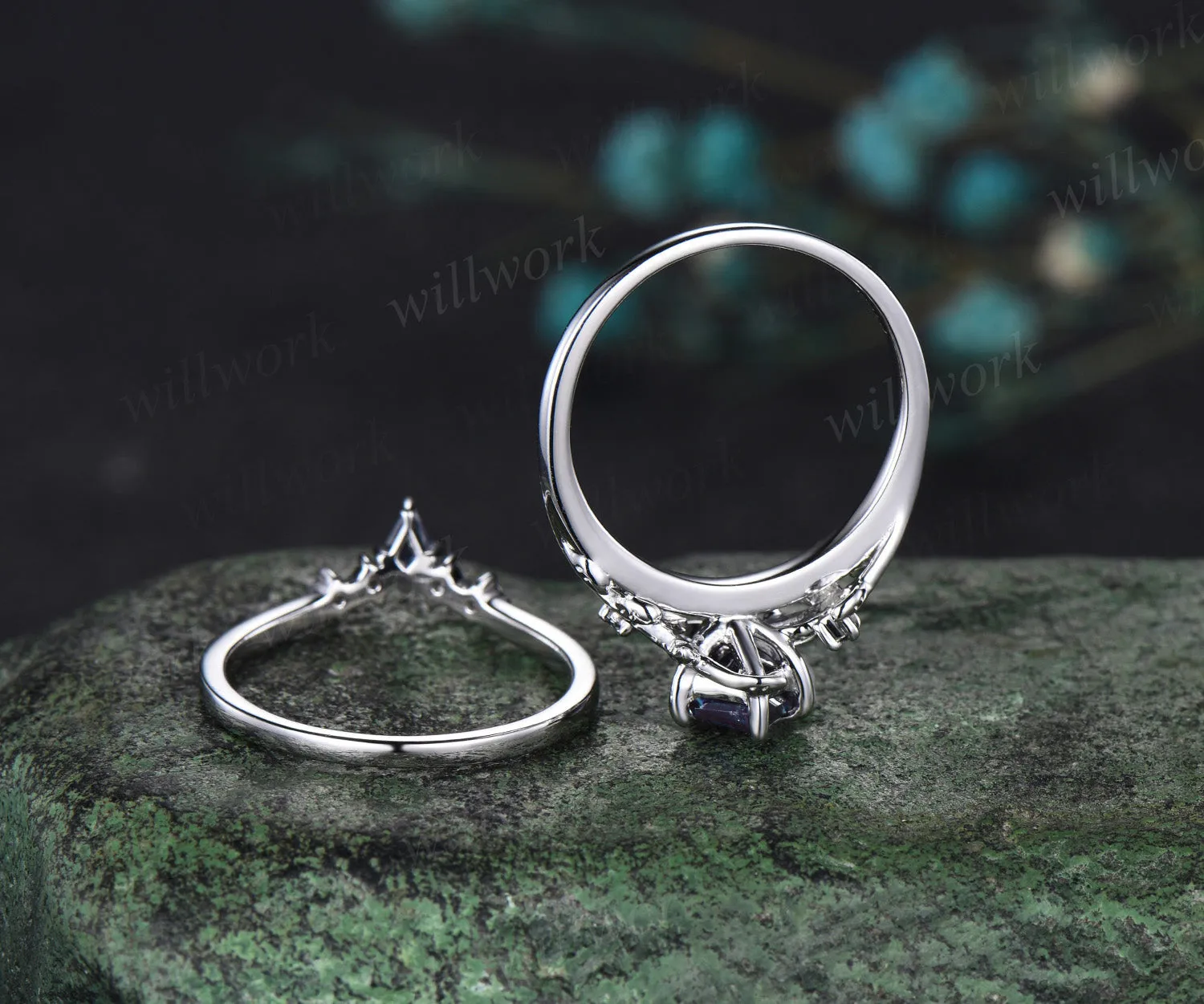 Kite cut alexandrite engagement ring set solid 14k white gold vintage leaf three stone unique wedding ring set women sold by Willwork Jewelry product image thumbnail 4