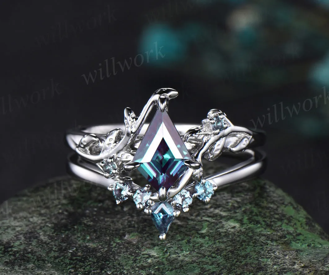 Kite cut alexandrite engagement ring set solid 14k white gold vintage leaf three stone unique wedding ring set women sold by Willwork Jewelry