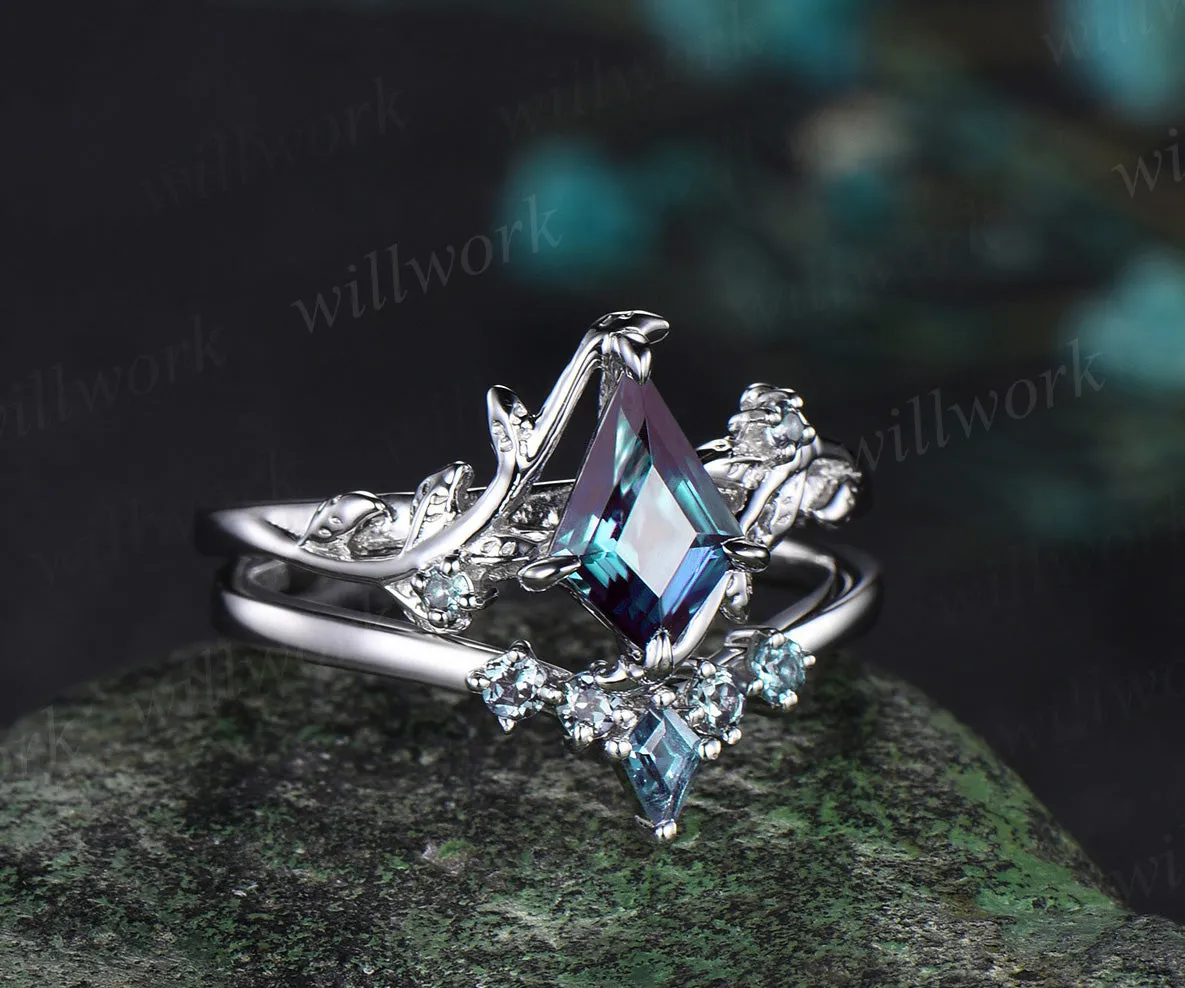 Kite cut alexandrite engagement ring set solid 14k white gold vintage leaf three stone unique wedding ring set women sold by Willwork Jewelry product image thumbnail 3