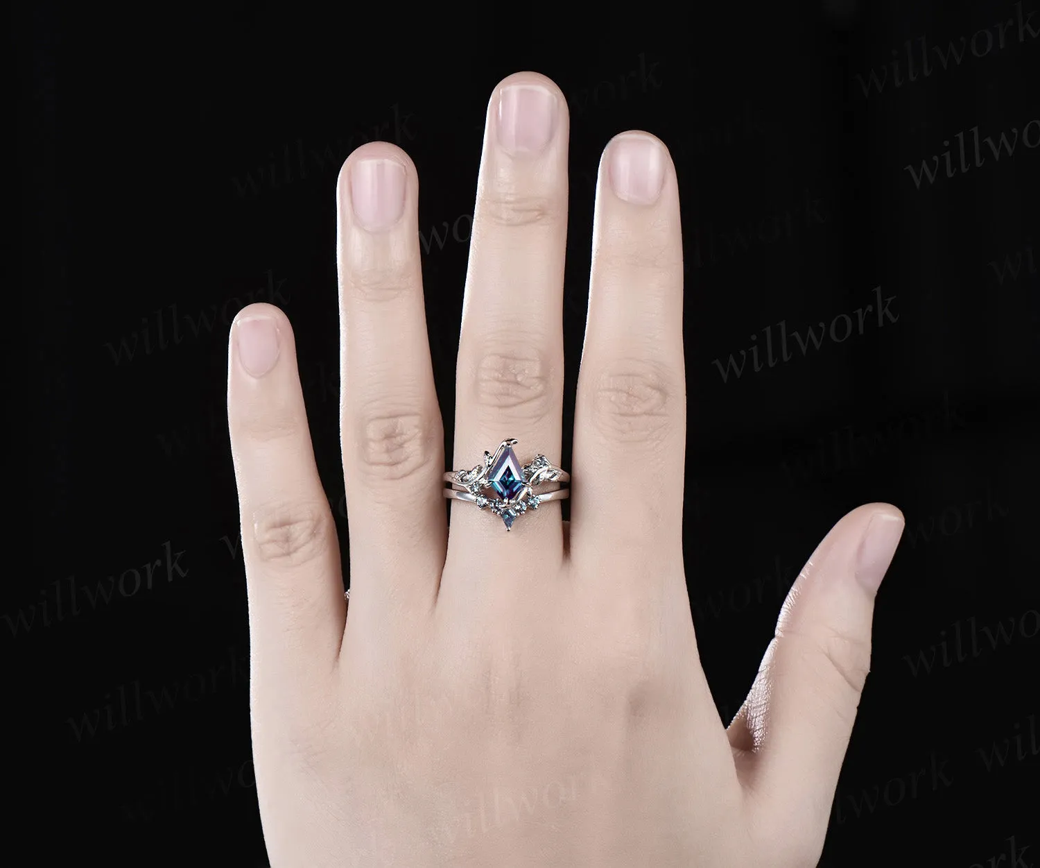 Kite cut alexandrite engagement ring set solid 14k white gold vintage leaf three stone unique wedding ring set women sold by Willwork Jewelry product image thumbnail 2