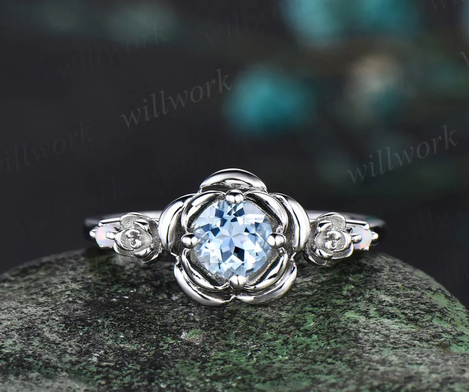 Round cut aquamarine engagement ring white gold flower floral three stone opal ring vintage wedding ring women jewelry sold by Willwork Jewelry