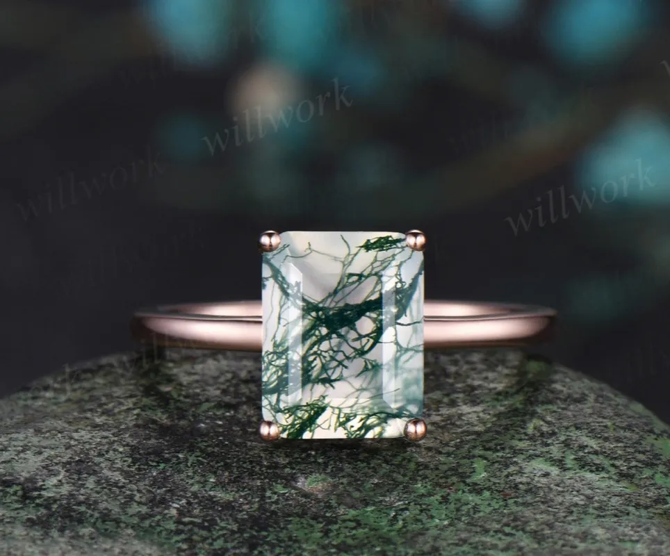 Emerald cut green moss agate engagement ring solid 14k rose gold Solitaire promise anniversary ring women gift sold by Willwork Jewelry