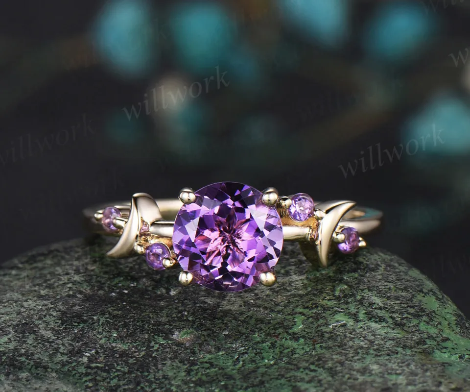 Round cut purple amethyst engagement ring solid 14k yellow gold five stone moon Crystal February birthstone ring women sold by Willwork Jewelry