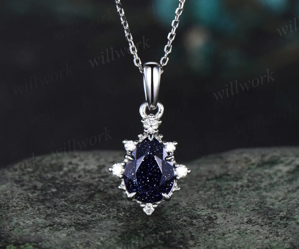 Pear shaped blue sandstone necklace solid 14k white gold dainty cluster diamond blue goldstone pendant women anniversary gift sold by Willwork Jewelry