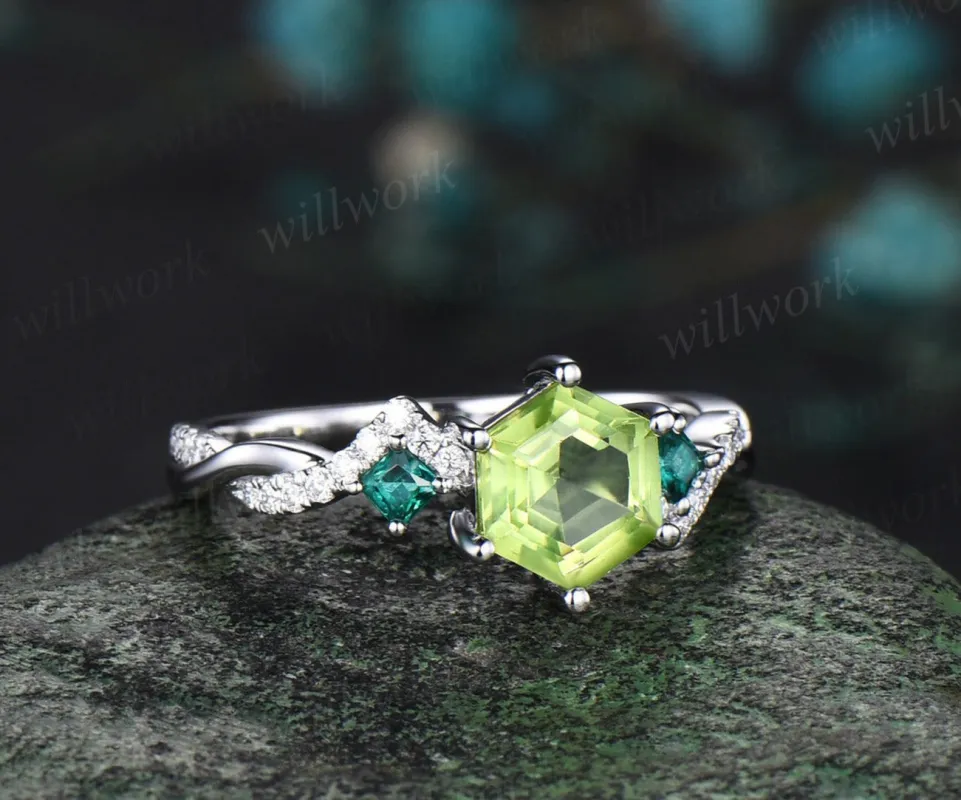 Hexagon cut natural peridot engagement ring solid 14k white gold twisted diamond princess emerald wedding anniversary ring gift sold by Willwork Jewelry