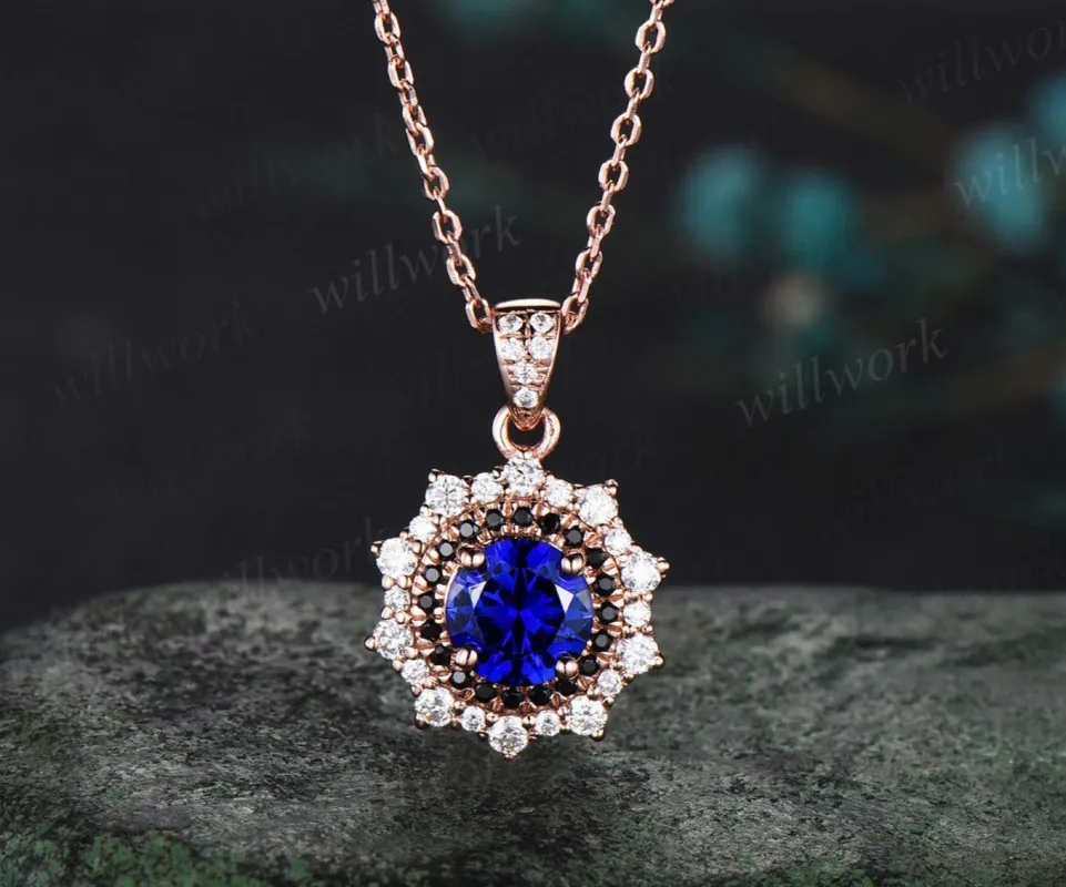 Round blue sapphire Necklace rose gold snowdrift double halo black diamond Pendant September birthstone anniversary gift made by Willwork Jewelry