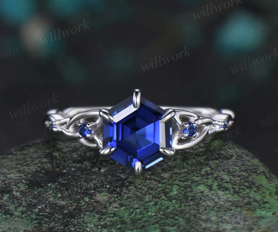 Hexagon cut blue sapphire engagement ring white gold five stone infinity Celtic knot September birthstone anniversary ring women made by Willwork Jewelry