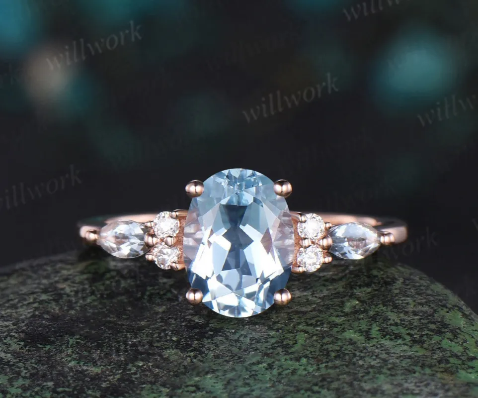 Oval cut aquamarine engagement ring solid 14k rose gold diamond ring March birthstone unique promise wedding ring women sold by Willwork Jewelry