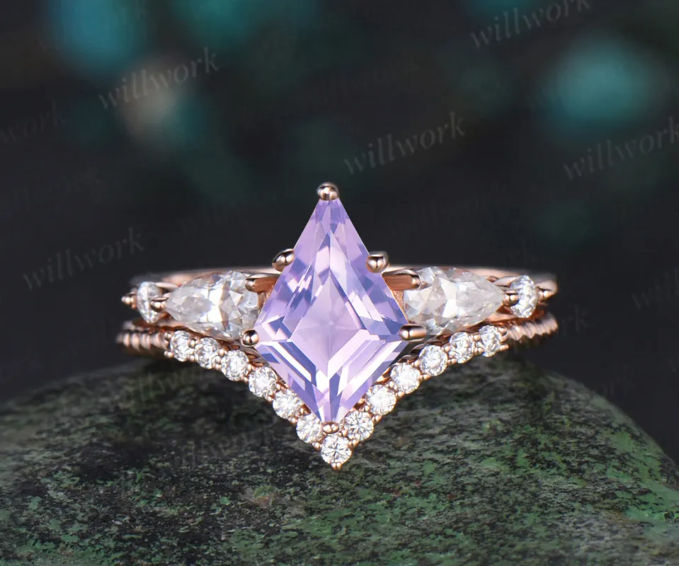 Kite cut Lavender Amethyst engagement ring rose gold 6 prong five stone pear diamond ring vintage promise bridal ring set women sold by Willwork Jewelry