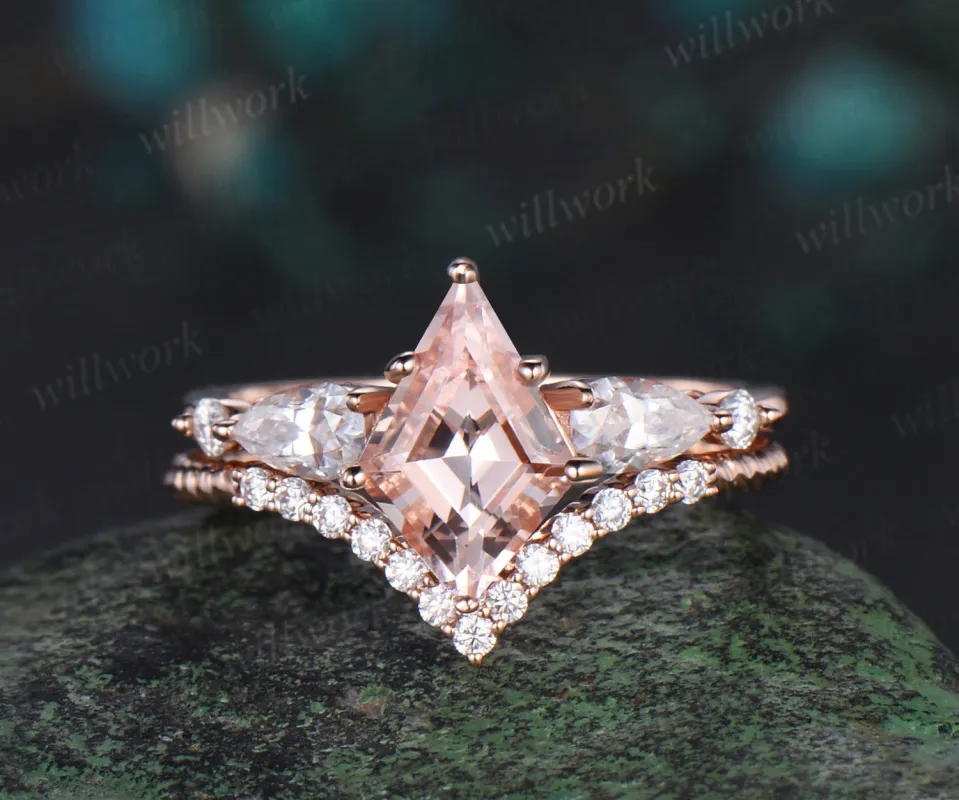 Kite cut morganite engagement ring rose gold 6 prong five stone pear diamond ring vintage promise bridal ring set women sold by Willwork Jewelry