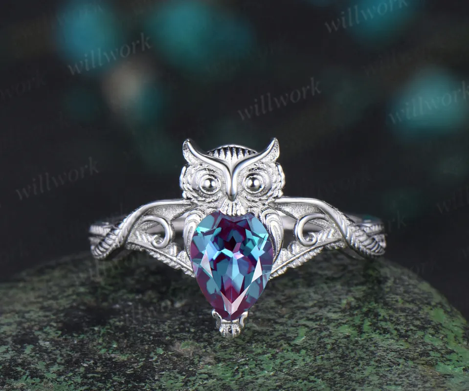 Vintage pear cut Alexandrite Engagement Ring white gold Owl leaf wing twisted Solitaire wedding anniversary ring women gift made by Willwork Jewelry