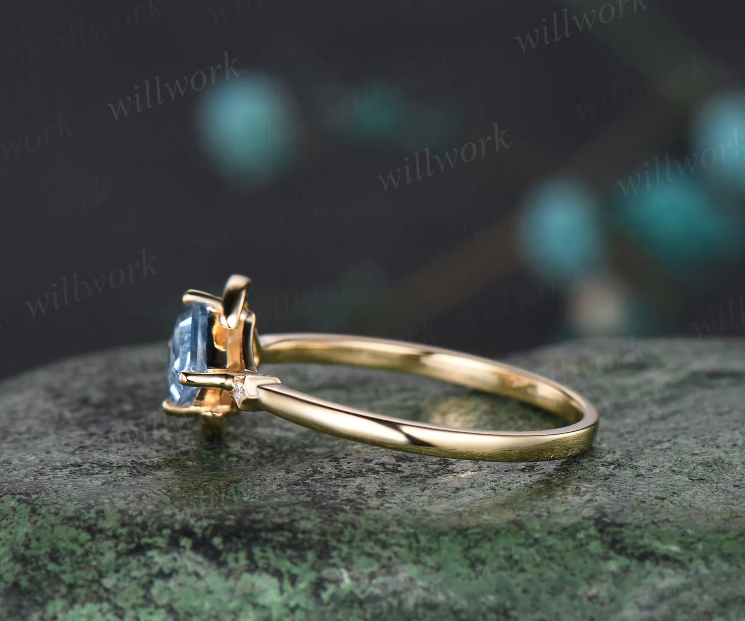 Moon kite cut aquamarine Engagement Ring solid 14k yellow gold March birthstone snowdrift cluster wedding promise ring women sold by Willwork Jewelry product image thumbnail 4