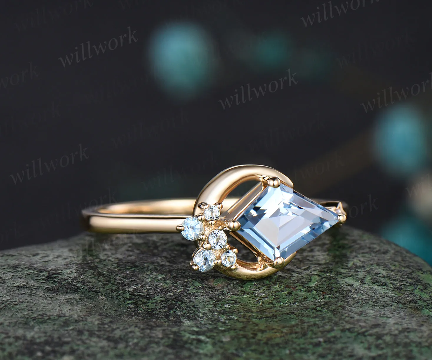 Moon kite cut aquamarine Engagement Ring solid 14k yellow gold March birthstone snowdrift cluster wedding promise ring women sold by Willwork Jewelry product image thumbnail 3