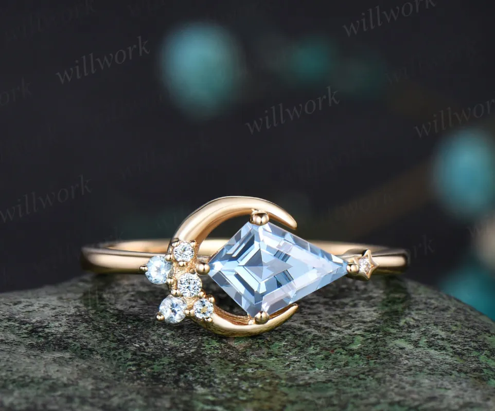 Moon kite cut aquamarine Engagement Ring solid 14k yellow gold March birthstone snowdrift cluster wedding promise ring women sold by Willwork Jewelry