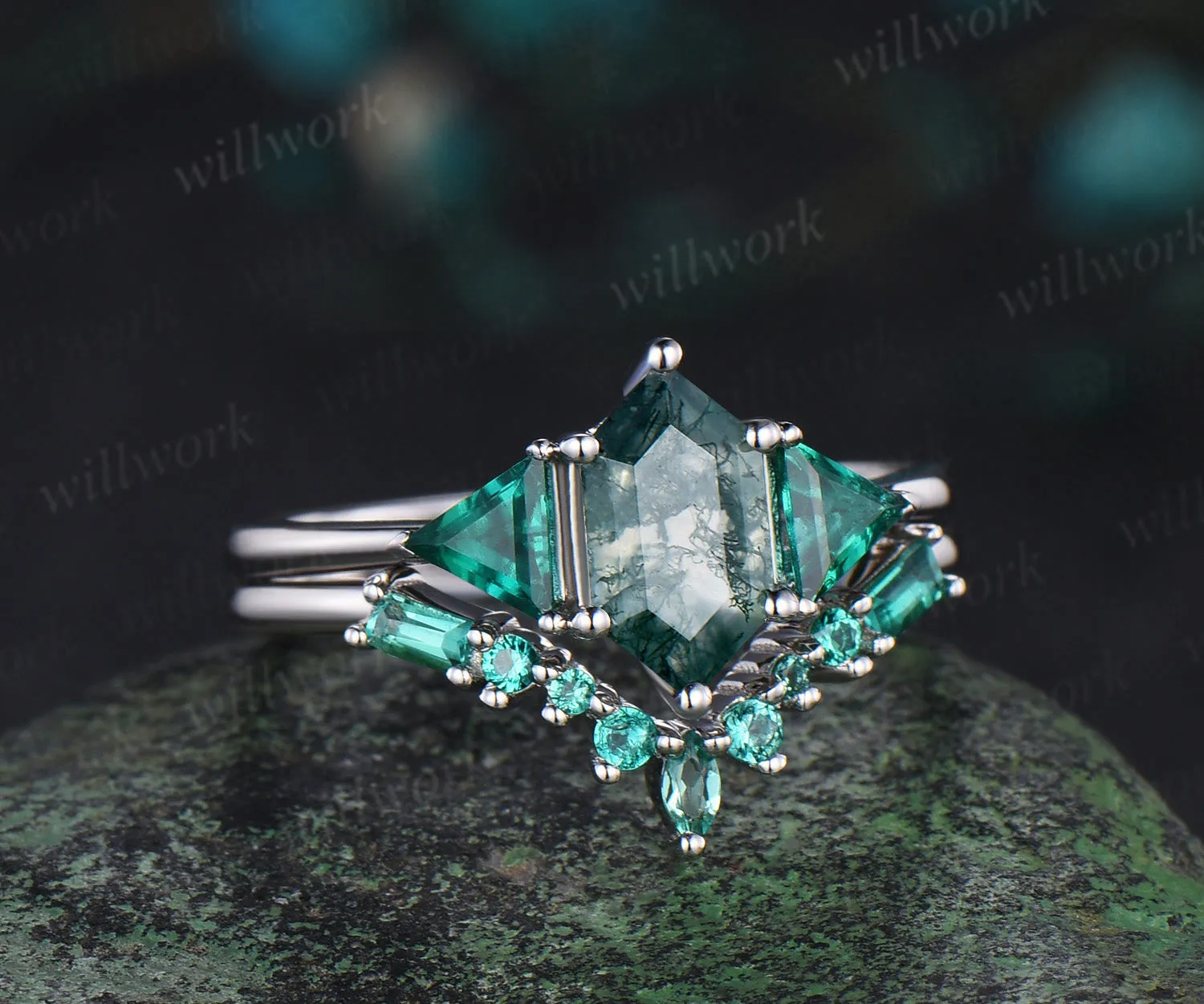 Long hexagon cut moss agate engagement ring 14k white gold three stone Trilliant Baguette emerald bridal ring set women sold by Willwork Jewelry product image thumbnail 3
