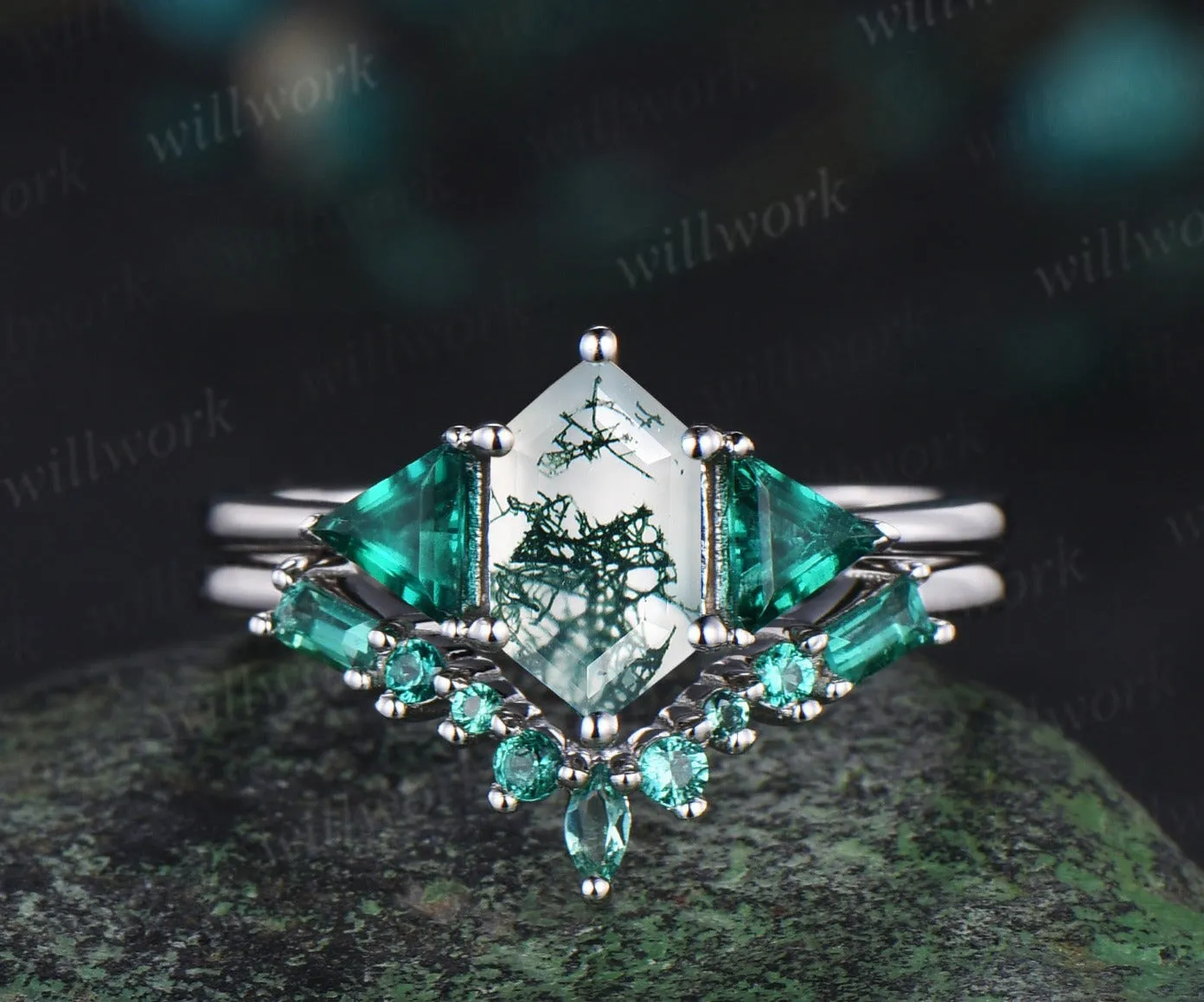 Long hexagon cut moss agate engagement ring 14k white gold three stone Trilliant Baguette emerald bridal ring set women sold by Willwork Jewelry