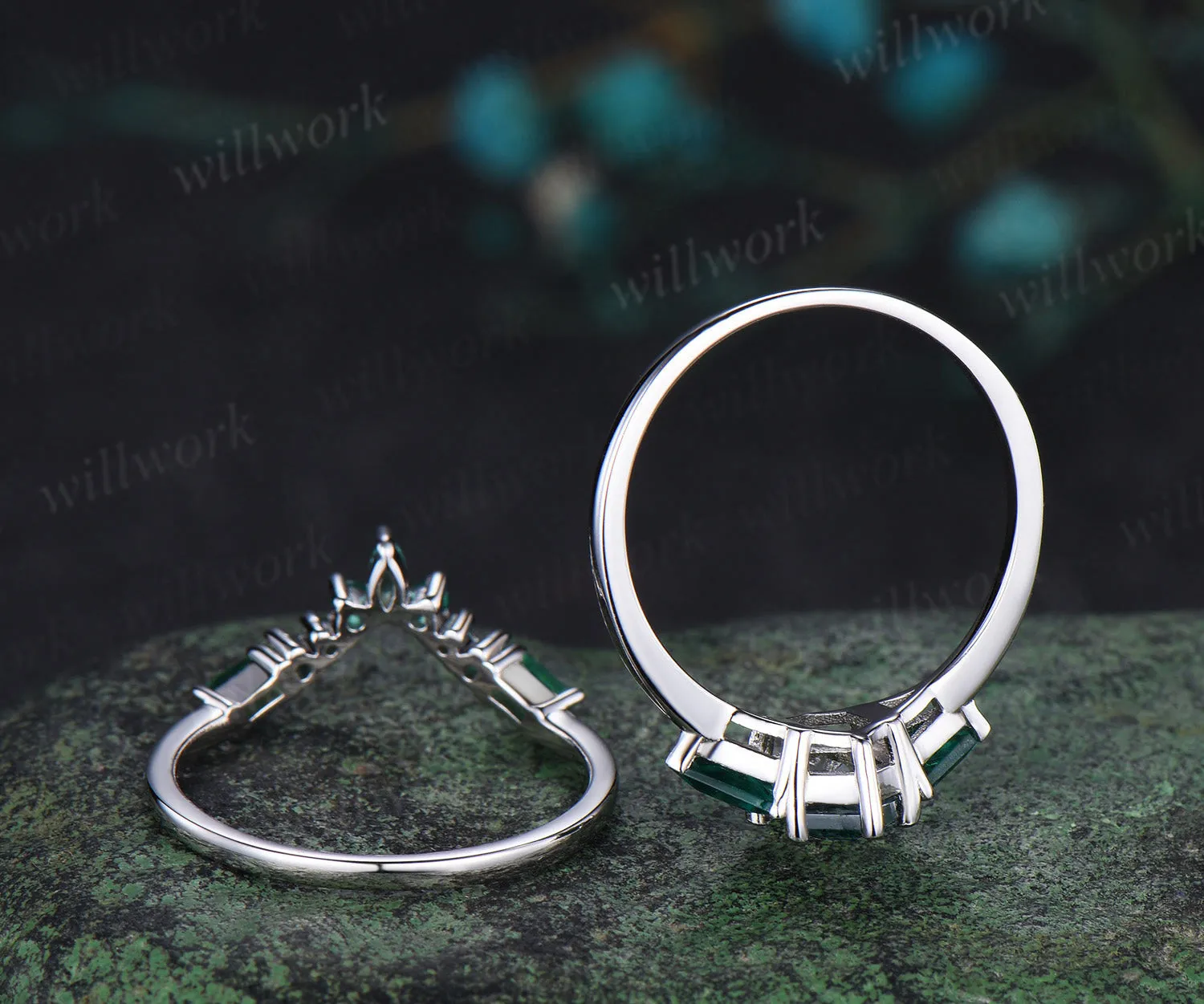 Long hexagon cut moss agate engagement ring 14k white gold three stone Trilliant Baguette emerald bridal ring set women sold by Willwork Jewelry product image thumbnail 5
