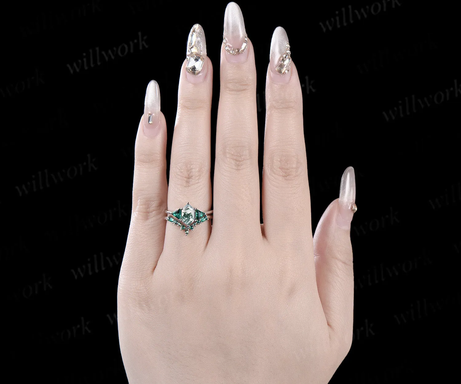Long hexagon cut moss agate engagement ring 14k white gold three stone Trilliant Baguette emerald bridal ring set women sold by Willwork Jewelry product image thumbnail 2