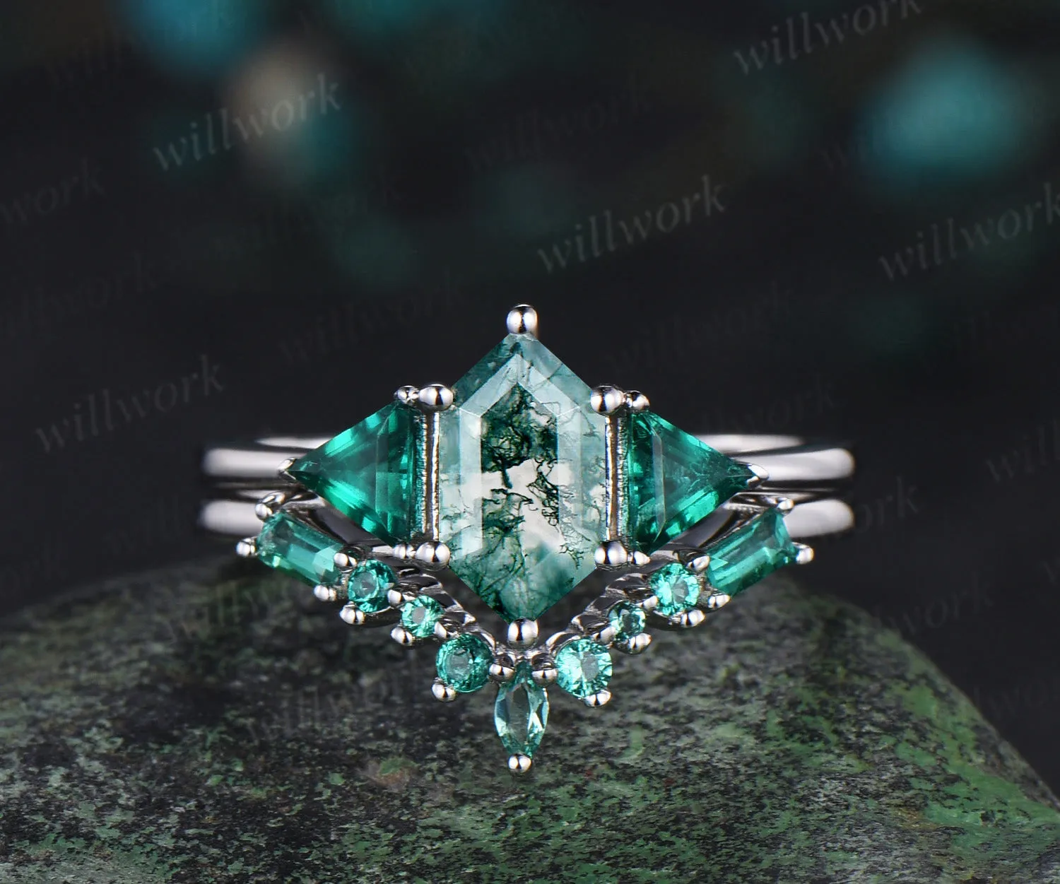 Long hexagon cut moss agate engagement ring 14k white gold three stone Trilliant Baguette emerald bridal ring set women sold by Willwork Jewelry product image thumbnail 4