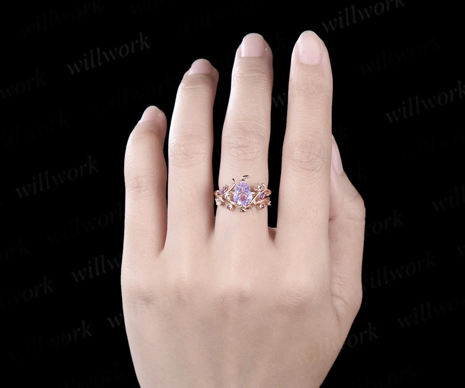 Vintage pear shaped Lavender Amethyst engagement ring rose gold nature inspired leaf moon moissanite wedding bridal ring set women sold by Willwork Jewelry product image thumbnail 4