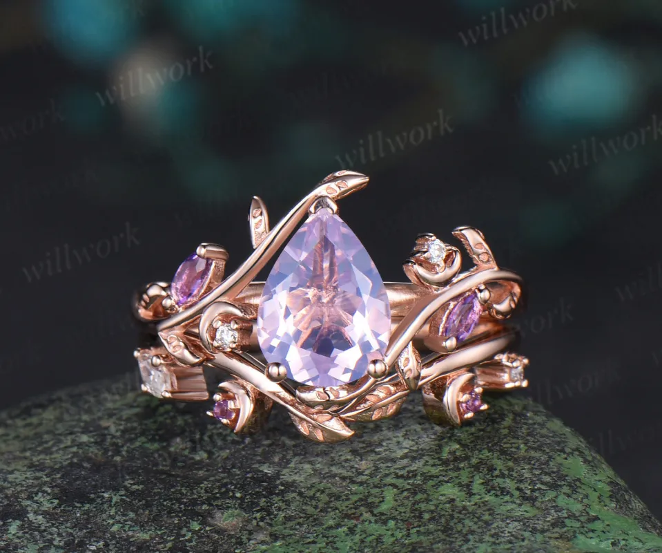 Vintage pear shaped Lavender Amethyst engagement ring rose gold nature inspired leaf moon moissanite wedding bridal ring set women sold by Willwork Jewelry