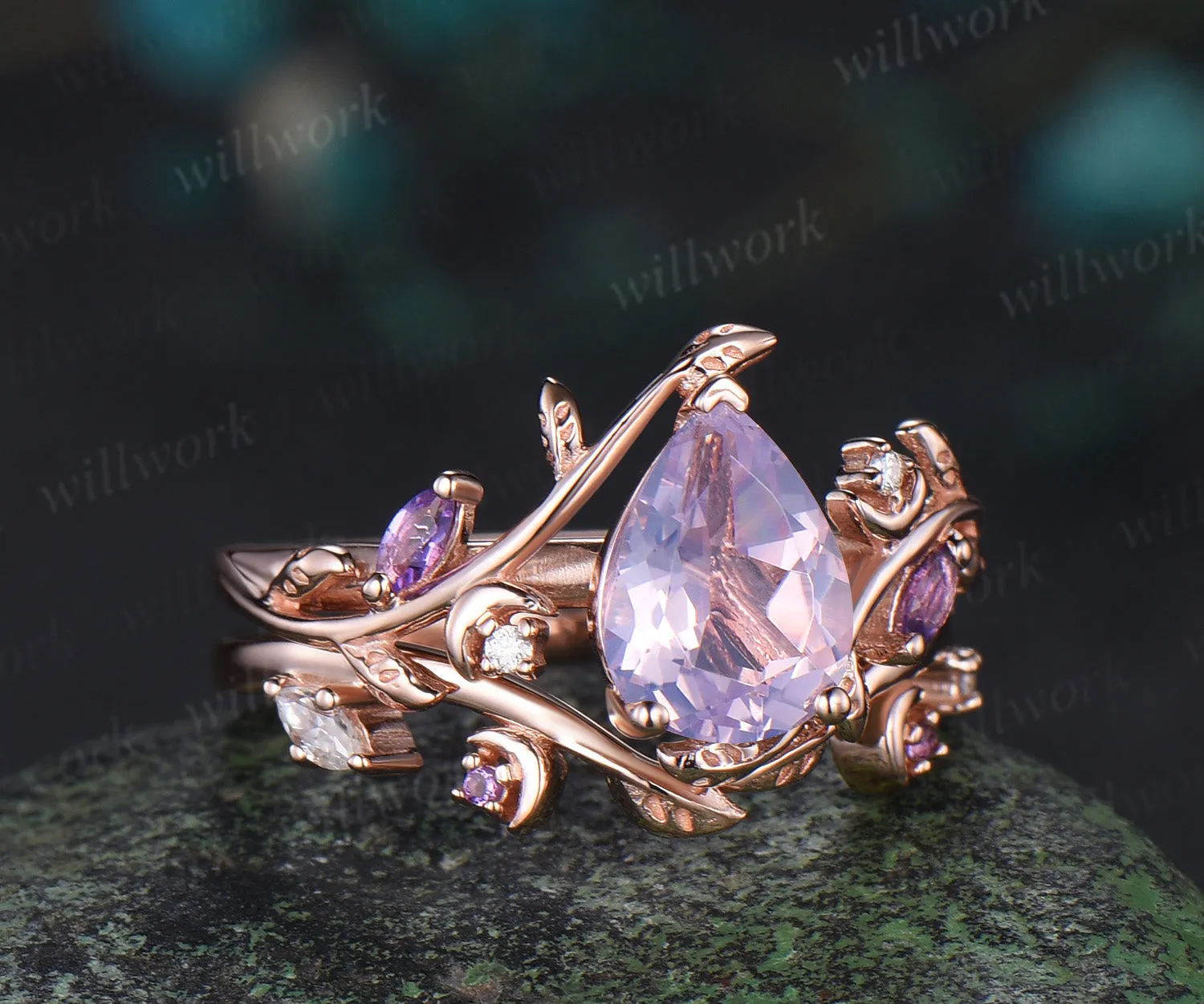 Vintage pear shaped Lavender Amethyst engagement ring rose gold nature inspired leaf moon moissanite wedding bridal ring set women sold by Willwork Jewelry product image thumbnail 2