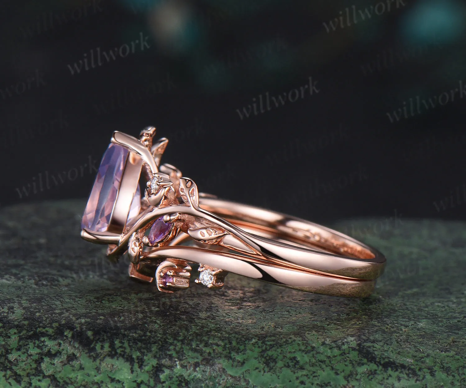 Vintage pear shaped Lavender Amethyst engagement ring rose gold nature inspired leaf moon moissanite wedding bridal ring set women sold by Willwork Jewelry product image thumbnail 3
