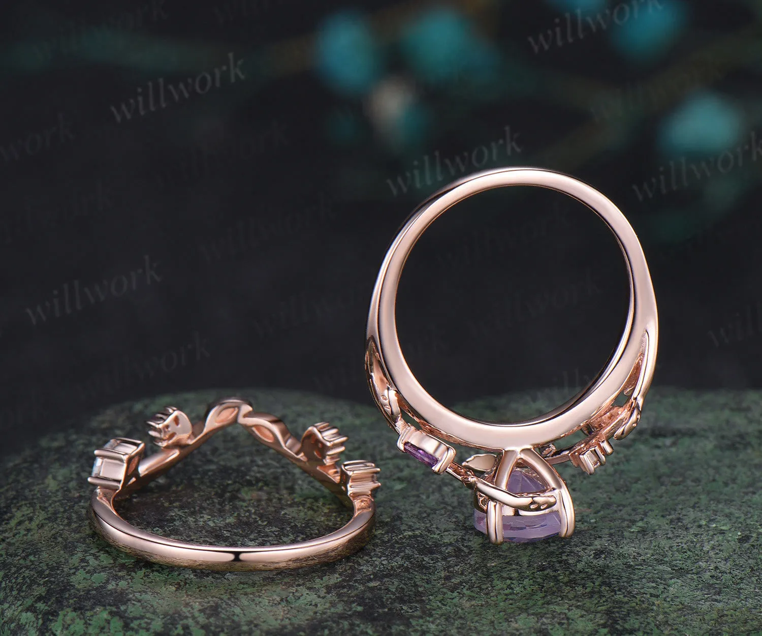 Vintage pear shaped Lavender Amethyst engagement ring rose gold nature inspired leaf moon moissanite wedding bridal ring set women sold by Willwork Jewelry product image thumbnail 5