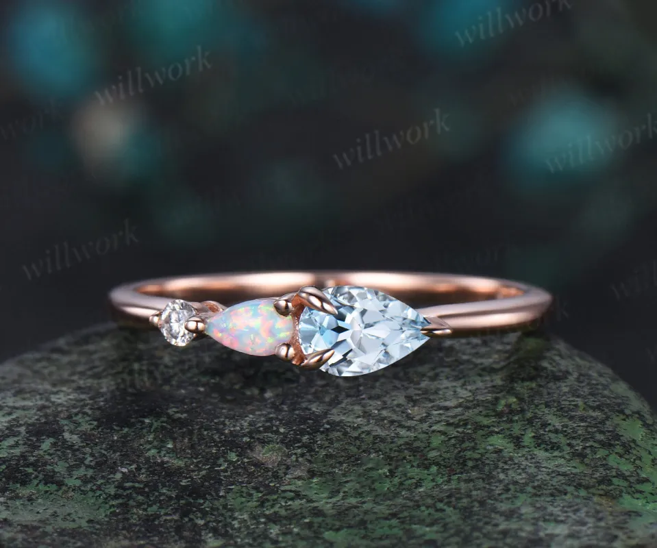 Dainty pear aquamarine ring rose gold three stone opal engagement ring Minimalist Multi-Stone Ring anniversary ring women sold by Willwork Jewelry