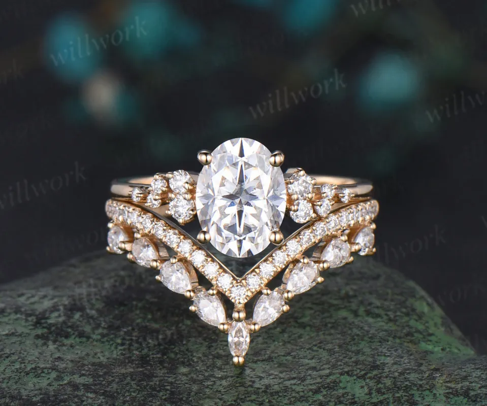 Oval cut moissanite engagement ring 14k yellow gold snowdrift diamond ring vintage unique wedding bridal ring set women sold by Willwork Jewelry