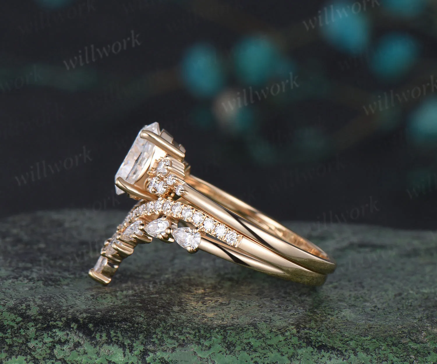 Oval cut moissanite engagement ring 14k yellow gold snowdrift diamond ring vintage unique wedding bridal ring set women sold by Willwork Jewelry product image thumbnail 5