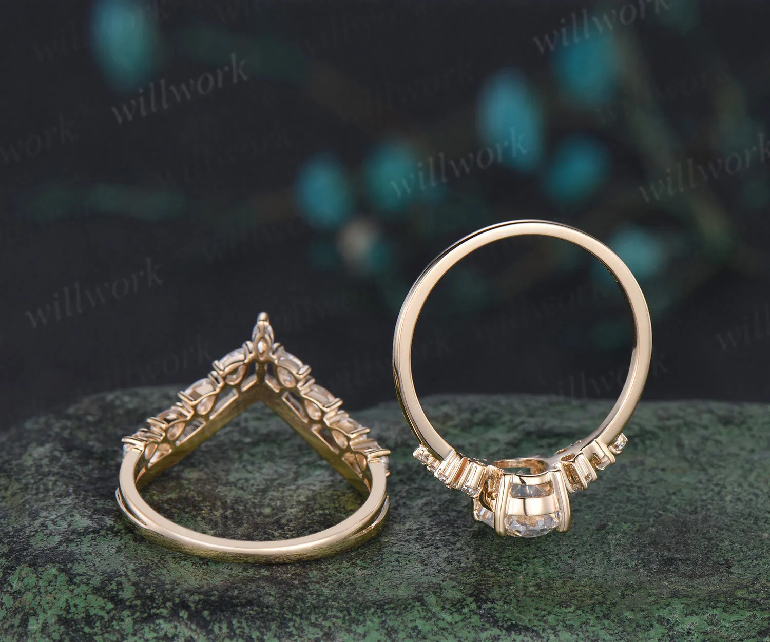Oval cut moissanite engagement ring 14k yellow gold snowdrift diamond ring vintage unique wedding bridal ring set women sold by Willwork Jewelry product image thumbnail 4