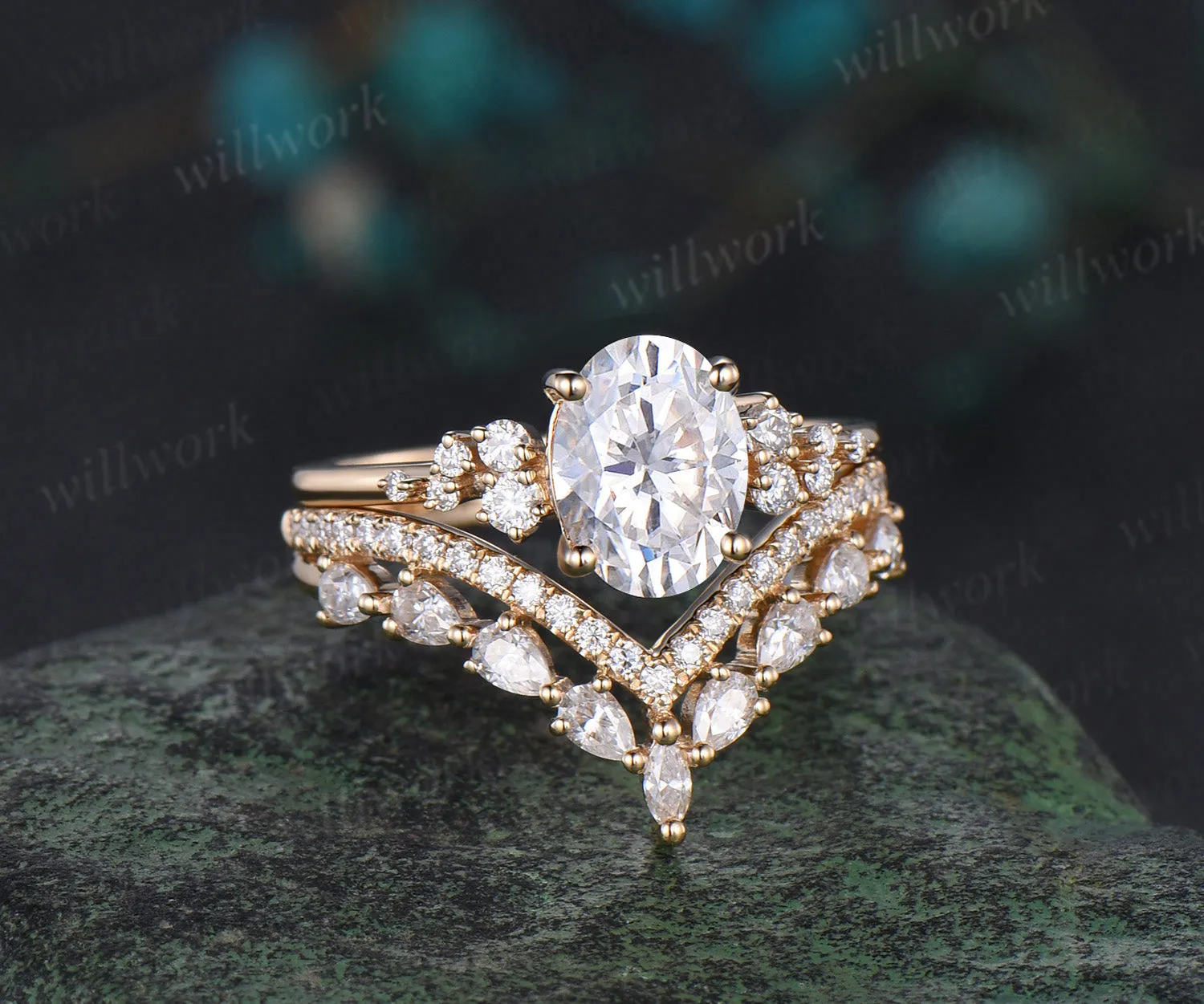 Oval cut moissanite engagement ring 14k yellow gold snowdrift diamond ring vintage unique wedding bridal ring set women sold by Willwork Jewelry product image thumbnail 3