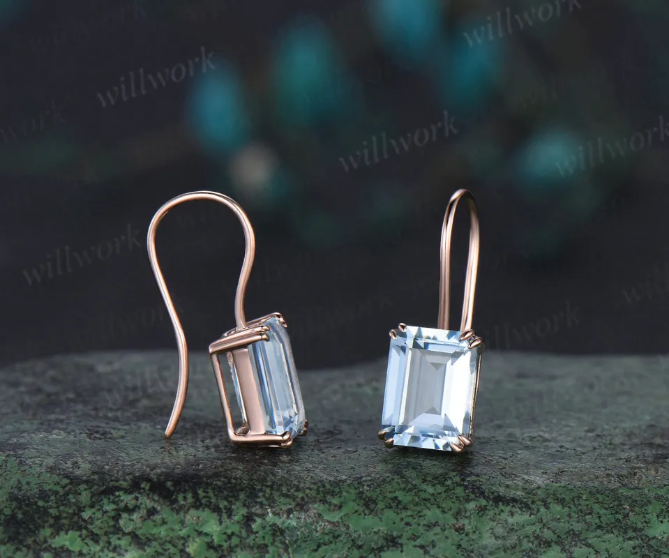 Emerald cut aquamarine stud earrings solid 14k white gold Solitaire Minimalist earrings anniversary gift for women sold by Willwork Jewelry