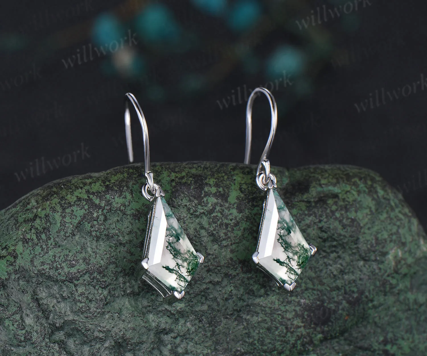 Kite cut moss agate stud earrings solid 14k white gold Solitaire Minimalist earrings anniversary gift for women sold by Willwork Jewelry product image thumbnail 2