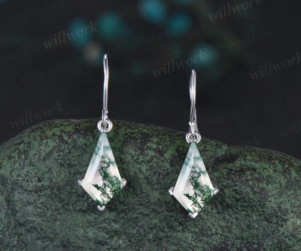 Kite cut moss agate stud earrings solid 14k white gold Solitaire Minimalist earrings anniversary gift for women sold by Willwork Jewelry