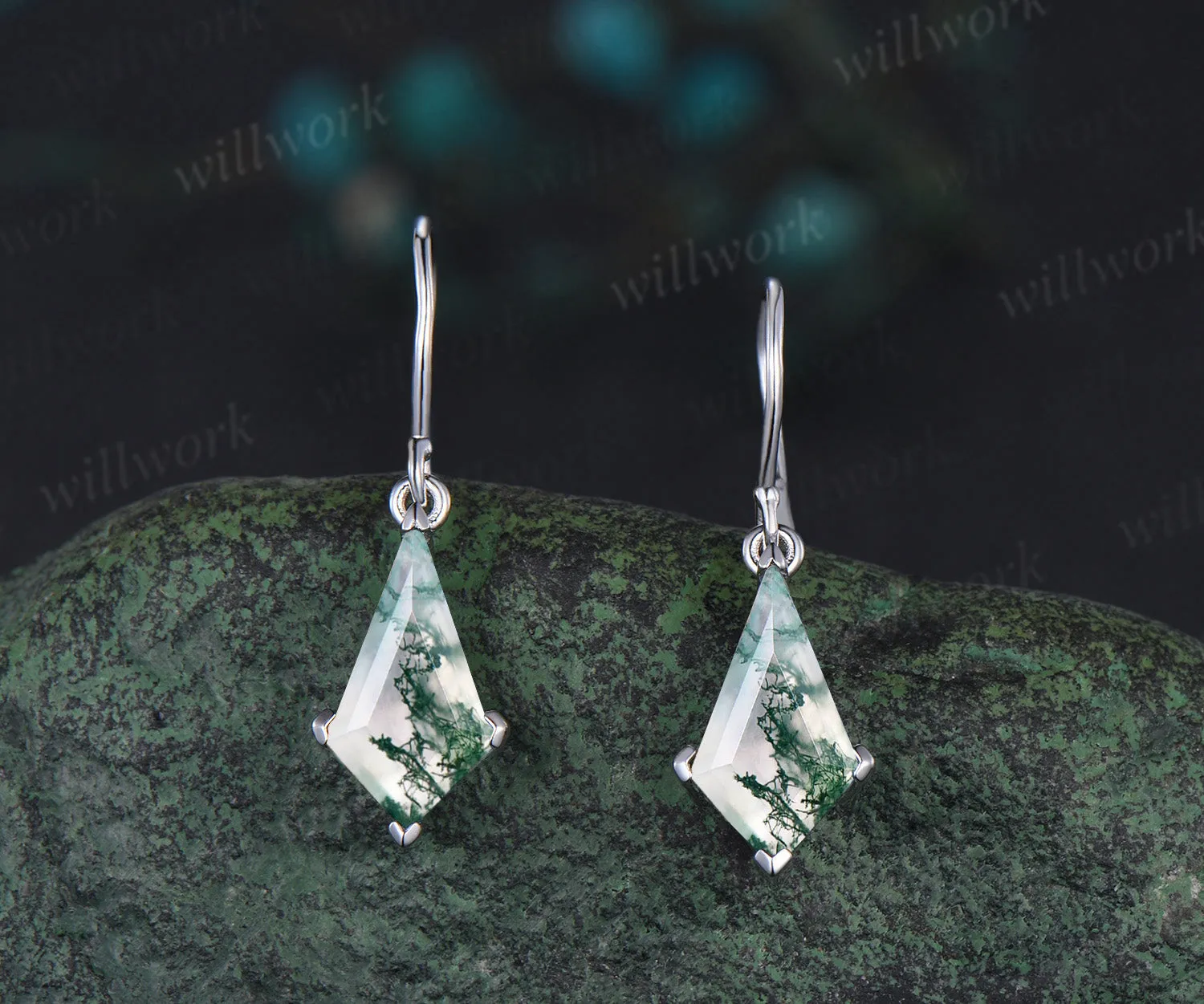 Kite cut moss agate stud earrings solid 14k white gold Solitaire Minimalist earrings anniversary gift for women sold by Willwork Jewelry